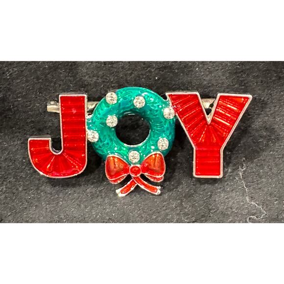 Vintage JOY Christmas Wreath Pin – Enamel & Rhinestone Holiday Brooch CP48 - Picture 3 of 4